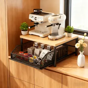 Modern Kitchen Microwave Rack Storage Shelf with Drawer, Durable Wood and Metal Structure, Space Saving Countertop Organizer