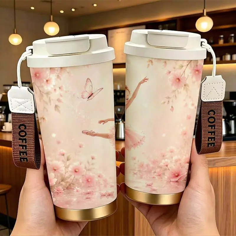 Pink Sakura Ballet Fairy Design Stainless Steel Insulated Coffee Cup with Double Drink Design， Portable Travel Tumbler with COFFEE Wrist Strap， Reusable Thermal Mug， Perfect Gifts For Birthday Holiday.