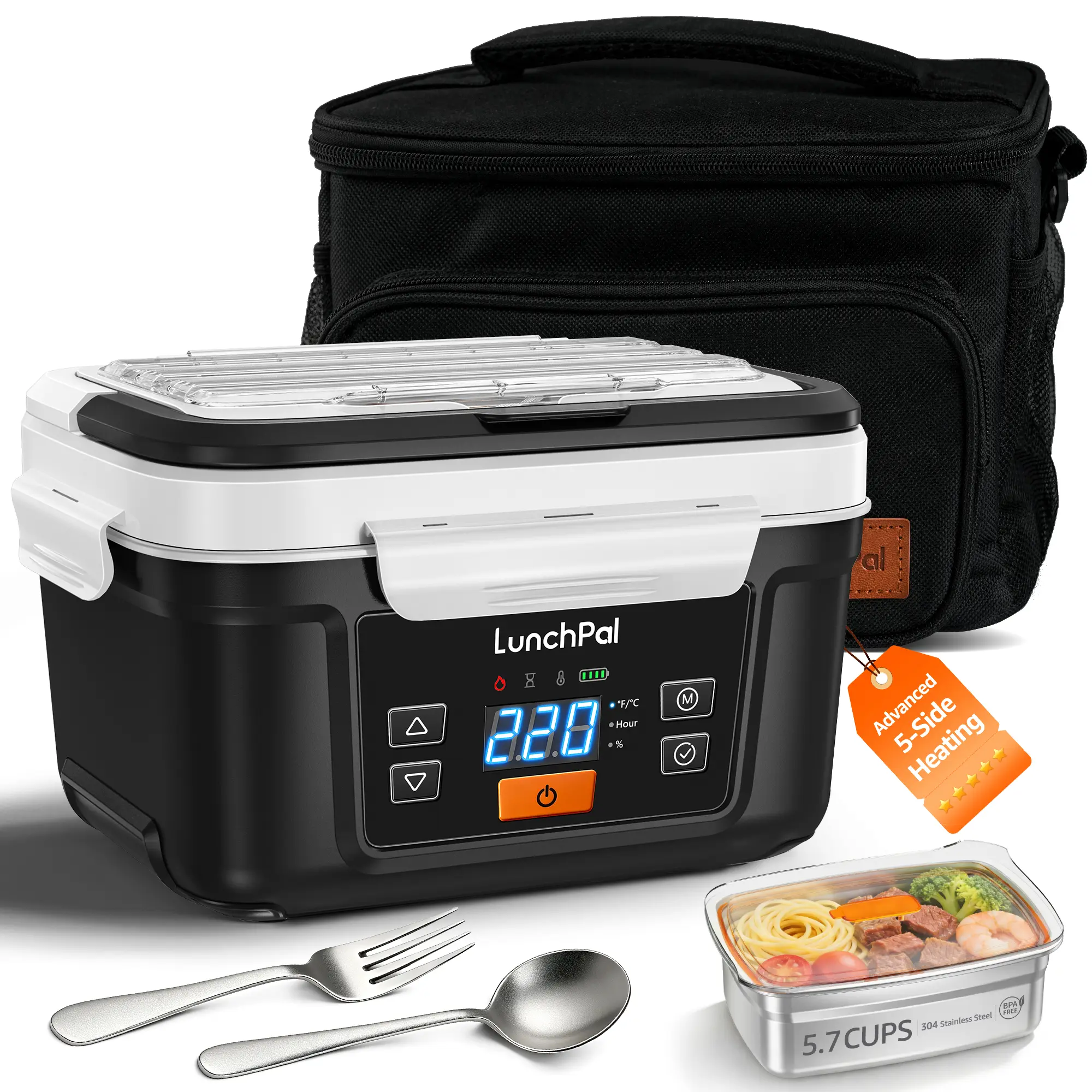Advanced Cordless Electric Heated Lunch Box, 5.7-Cup Portable Rechargeable Food Warmer with 220℉ 5-Side Heating, Smart Scheduled Heating & Keep Warm, Includes Insulated Bag, Design for Outdoor Work