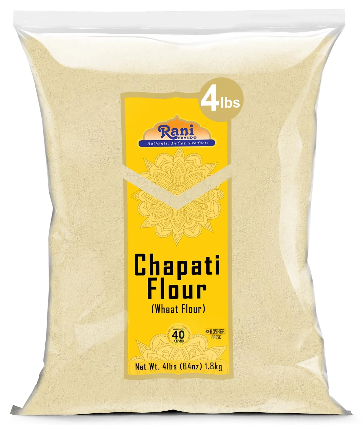 Rani Chapati Flour (100% Pure Whole Wheat Chakki Atta), For Making Roti & Indian Breads 64oz (4lbs) 1.81kg Bulk ~ All Natural | Vegan | No Salt or Colors | NON-GMO | Kosher | Indian Origin