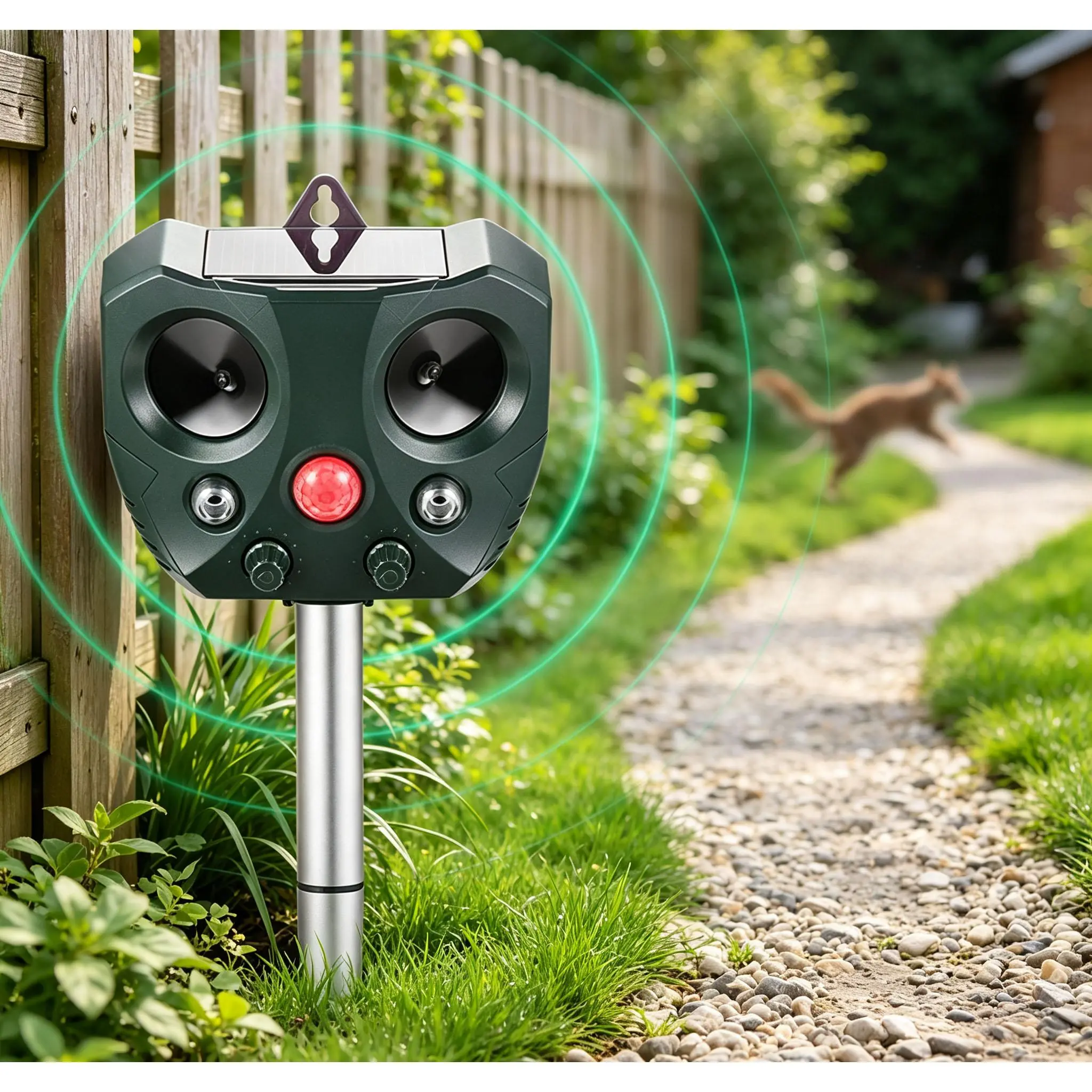 Upgraded Ultrasonic Animal Repeller, Solar Charging with Motion Detection & Flashing LED Light, Weatherproof Eco Pest Deterrent for Backyard, Garden, Farm, Driveway