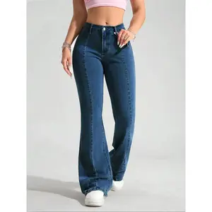 Women’s blue washed denim bell-bottom pants—fashionable, comfortable, multifunctional elastic jeans; long-leg pants suitable for all seasons. GARMENTARY
