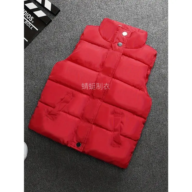 Girls' Basic Red Puffer Vest, Casual Sleeveless Plain Polyester Winter Outerwear with H-Fit, Stand Collar and Pockets