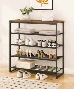 HOOBRO Rustic Shoe Rack, 5 Tier Shoe Storage Organizer with 4 Oxford Fabric Shelves and Top Panel, Holds 16-20 Pairs of Shoes, for Entryway and Closet#springtok#SpringSale #BigSpringSale