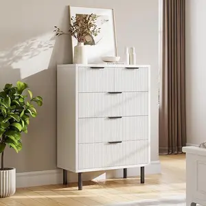 Wave Fluted 5 Drawer Dresser, 38'' Tall Chest of Drawers with Anti-Tipping Device, Wide 4 Tier Wood Nightstand with Storage for Bedroom, Hallway, Entryway, Small Spaces, White