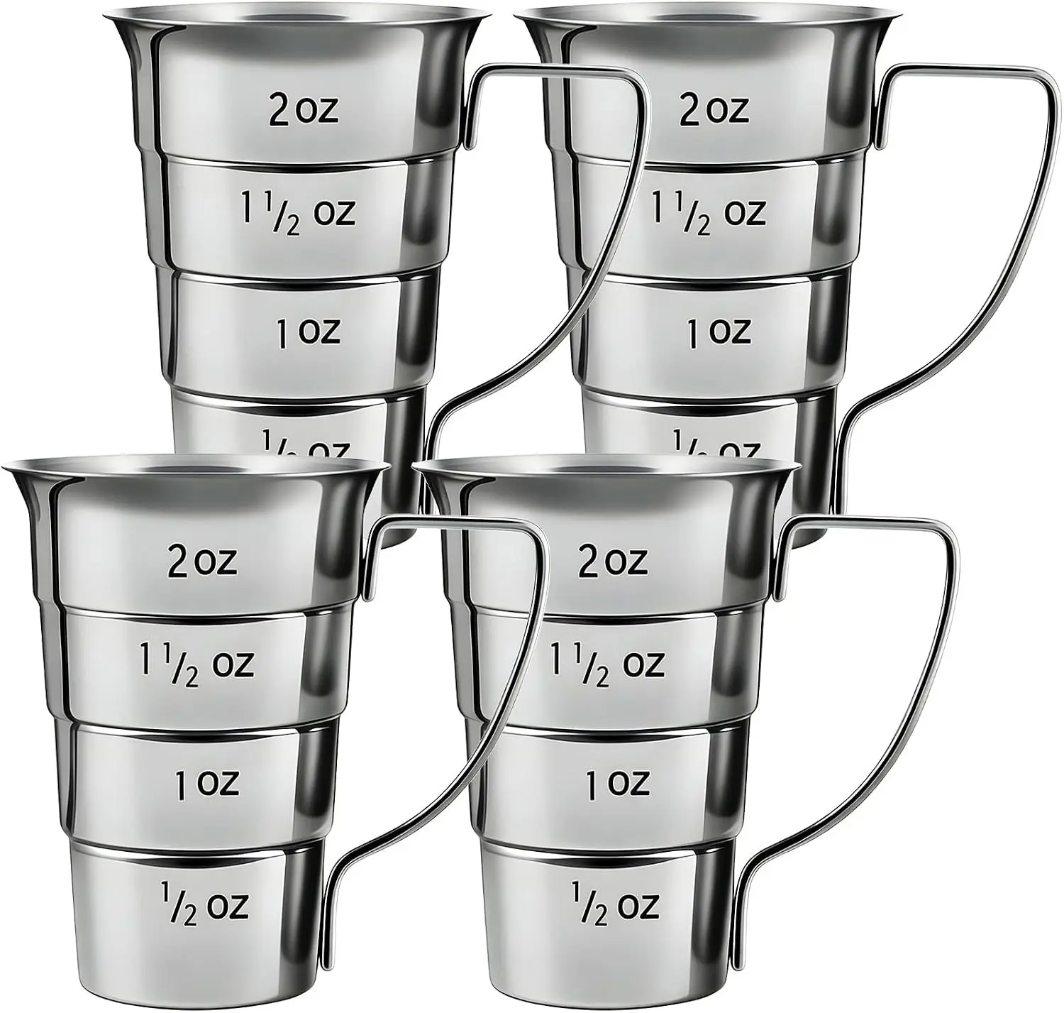 4 Pieces Stepped Jiggers with Handle, 2 oz Cocktail Jigger for Bartending, 304 Stainless Steel Liquor Measuring Cups, Shot Measure Cup for Bar Supplies Restaurant, Dishwasher Safe, Silver