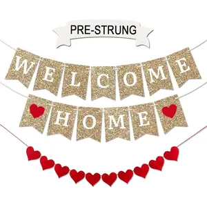 Gold Welcome Home Banner - Fully Assembled and Ready to Hang - Glitter Welcome Home Decoration for Housewarming, Military Homecomings, and Family Celebrations - 8 ft Strand(Gold WelcomeHome)