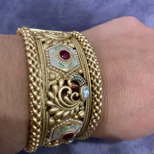 Meenakari Openable Broad Gold Bangle for Women Elegant Design with Unique Closure Special Gift San Juda Cute Teen Nontarnish Gold Polish Fits All Sizes 2.4 to 2.8