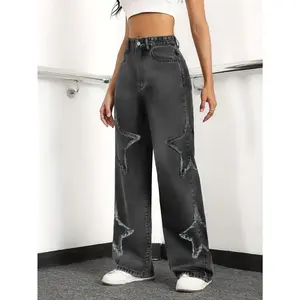 Women's solid color casual loose straight leg jeans, paired with star embroidery decoration, suitable for all seasons, mid waist, suitable for vacations, beer festivals, outings, and casual home stays