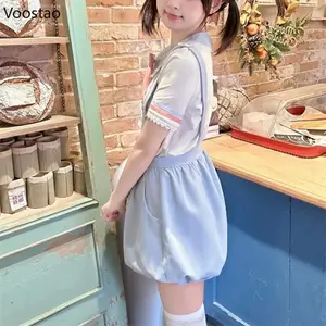 Japanese Kawaii Lolita Style Shorts Set Women Cute Cartoon Embroidery Shirt Overalls Short Pants Suit Girl Sweet Bloomers Shorts