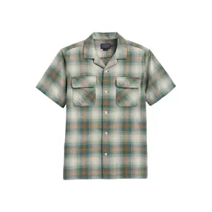 Pendleton Men's Cotton Classic Collared Short-Sleeve Baja Board Shirt, Green/Gold Checked Plaid, Casual Style with Pockets (25 in)