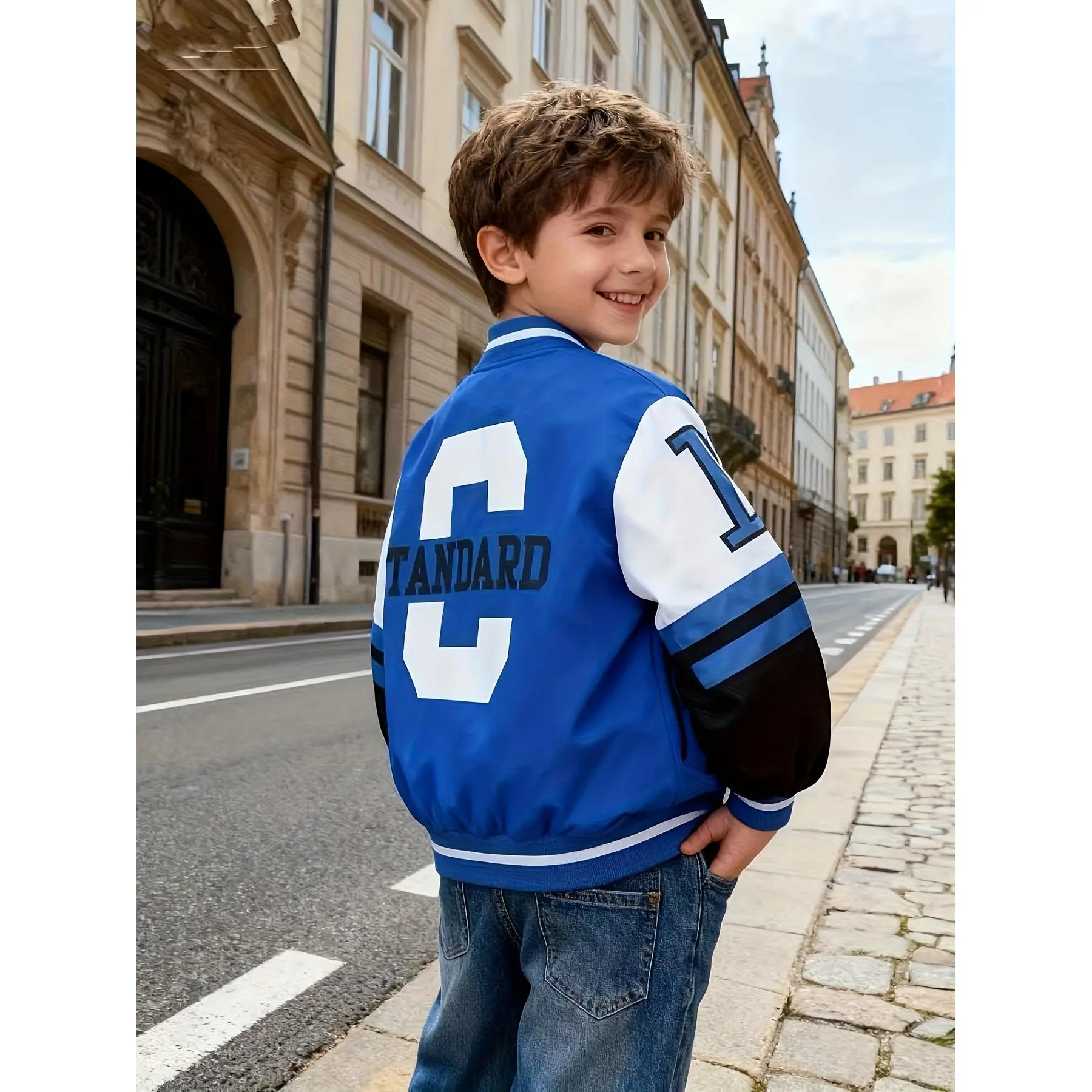 2025 Boys' Fashion Letter Print Jacket, Long Sleeve Zip Color Block Jacket, Boys' Outdoor Clothing