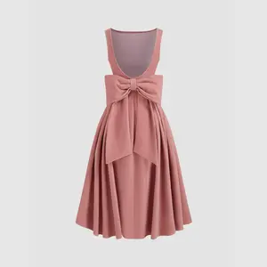 Cider [3 colors, size 0-26] Velvet Boat Neck Bowknot Backless Midi Dress