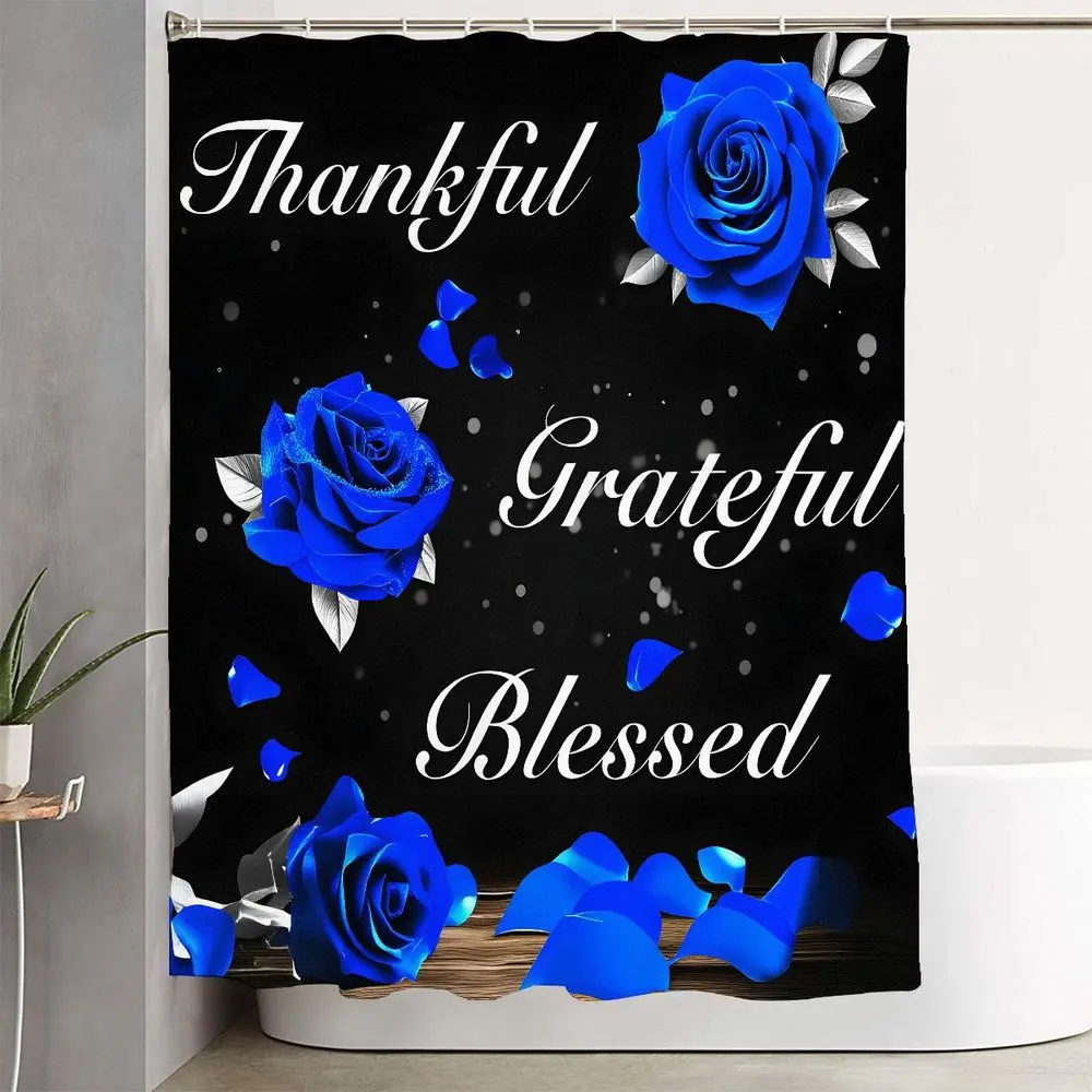 1/4pcs Blessed Grateful Thankful Blue Roses Shower Curtain Set - Black Background, 2 Bath Mats, Toilet Seat & Lid Cover - Script Text for Home Decor, Bathroom Decoration Accessories, Perfect Gift for Thanksgiving, Housewarming, Bathroom Accessory