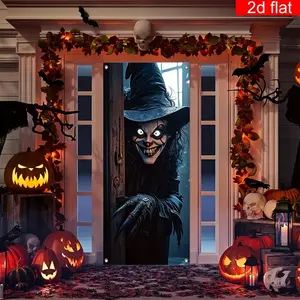 Scary Witch Large Door Cover, 2D Flat Banner, Halloween Front Door Decoration, Bright & Durable Polyester, Perfect for Home Parties