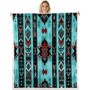 Black Southwestern Sherpa Blanket Geometric Fleece Throw Blanket for Bed Sofa Couch Kids Boys Tribal Exotic Style Native American Indian Design Plush Blanket Stripe Line Fuzzy Blanket