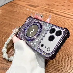 1 Piece IPhone 17 Pro Pink bow with a round stand and a white bead lanyard Pattern Designed Suitable For Entertainment With Comfortable feel And Durable Compatible With iPhone 17 ProPhone Cases