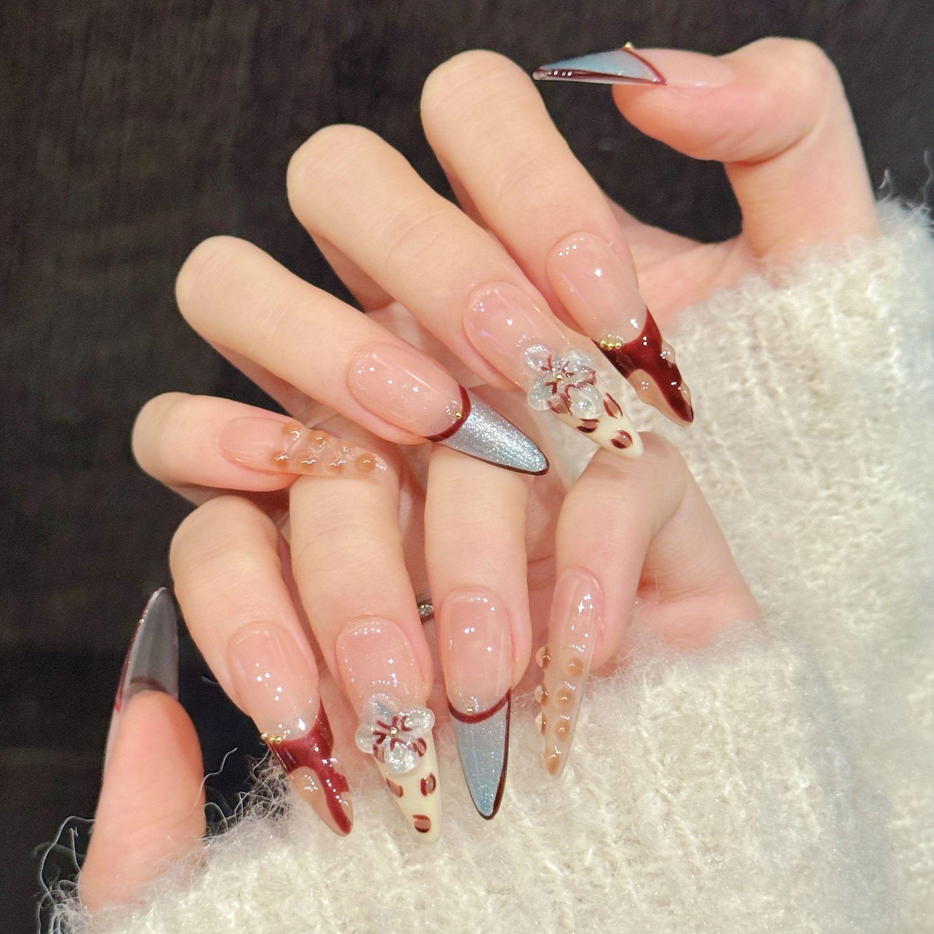【Lucy UU】3 Styles Luxury Tropical 3D Floral Press On Nails Ocean Jellyfish Red French Silver Glitter Pink French Leopard Print Long Stiletto Shape Handmade Reusable Fake Nail For Women