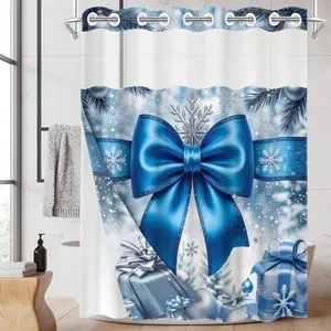 1PC/4PCS 2D Flat Printing Winter Joy Blue Bow Snow Scene Gifts Patterned shower curtain, home bathroom decor, shower curtain set with 12 hooks, non-slip bathroom rug, U-shaped toilet seat cover, toilet seat mat.
