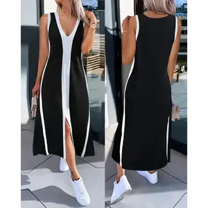 2026 Women's Striped Sleeveless Plunge Neckline Midi Dress withSlit Detail Casual Loose Fit A Line Dress