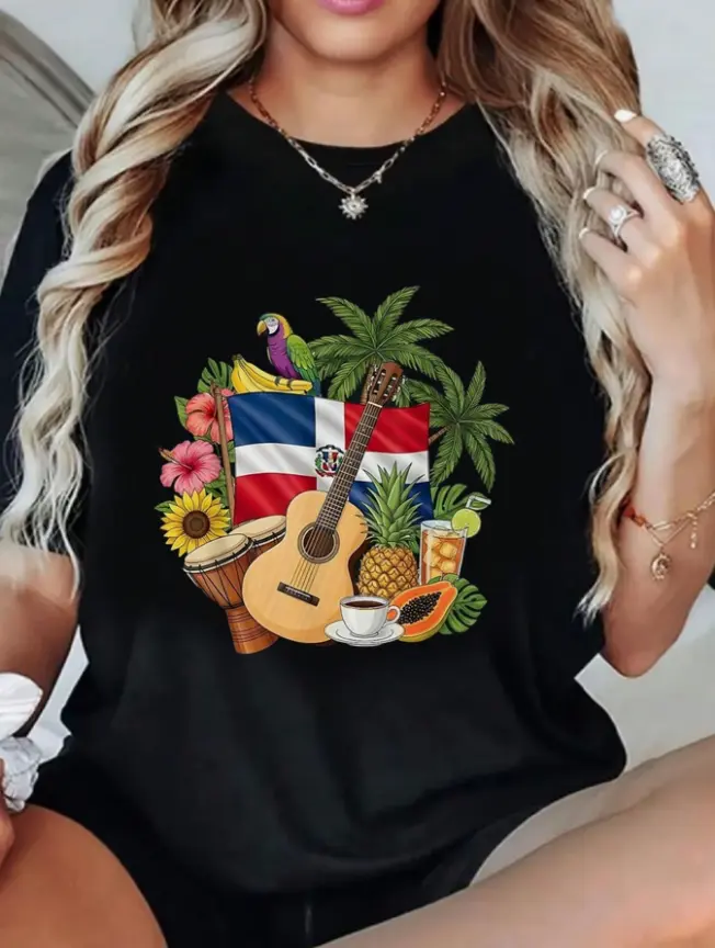 Women’s Casual Short-Sleeve Crew Neck Oversize Cotton Tee - Dominican Republic Flag Print, Tropical Parrot Guitar Fruit Cultural Design, Soft Breathable Heat Transfer Loose Style, For Caribbean Beach Vacation Heritage Party Outfits, Shortsleeve