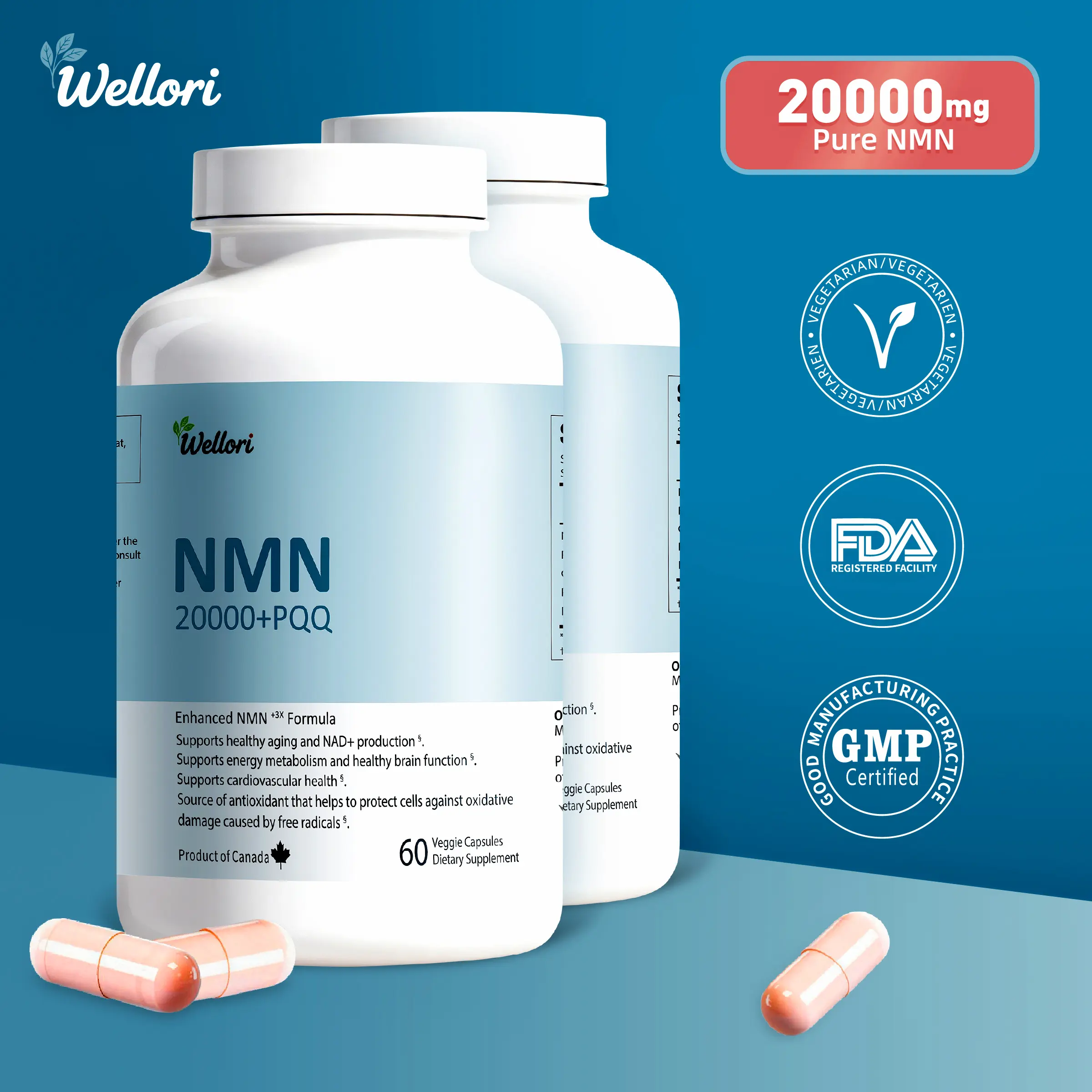Wellori NMN Supplement 20000mg with PQQ GABA Resveratrol & Passion Fruit Extract Supports Anti-aging NAD+ Precursor
