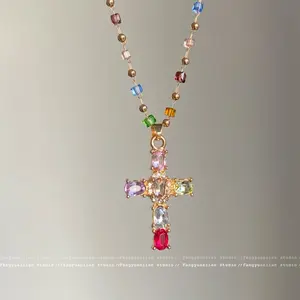 Unisex Beads Texture Neck Jewelry Rainbow Cross Pendant Dainty Multicolor Vintage  Charm for Daily Wear Church Festivals Crucifix Stainless Steel Bangle Set with Italian Bracelet Women Gold Circle Plated Cuban Link