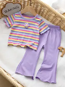 Baby Girl Pants Set Simple Color Short Sleeve T-Shirt Floral Embroidery Pure Color Bell Bottoms Toddler