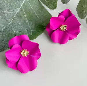 Enchanted Bloom Pink Earrings - Multi-Layered Petal Design with Gold Filigree Accents Dainty Stud Huggie