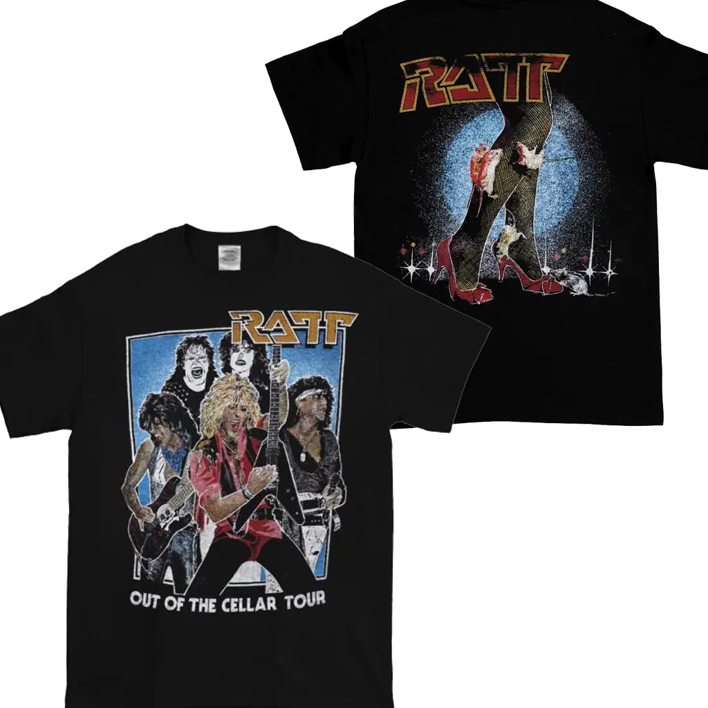 1984 RATT Out Of The Cellar Tour Black Double Sided Tee Unisex Cotton T-Shirt Fabric Top