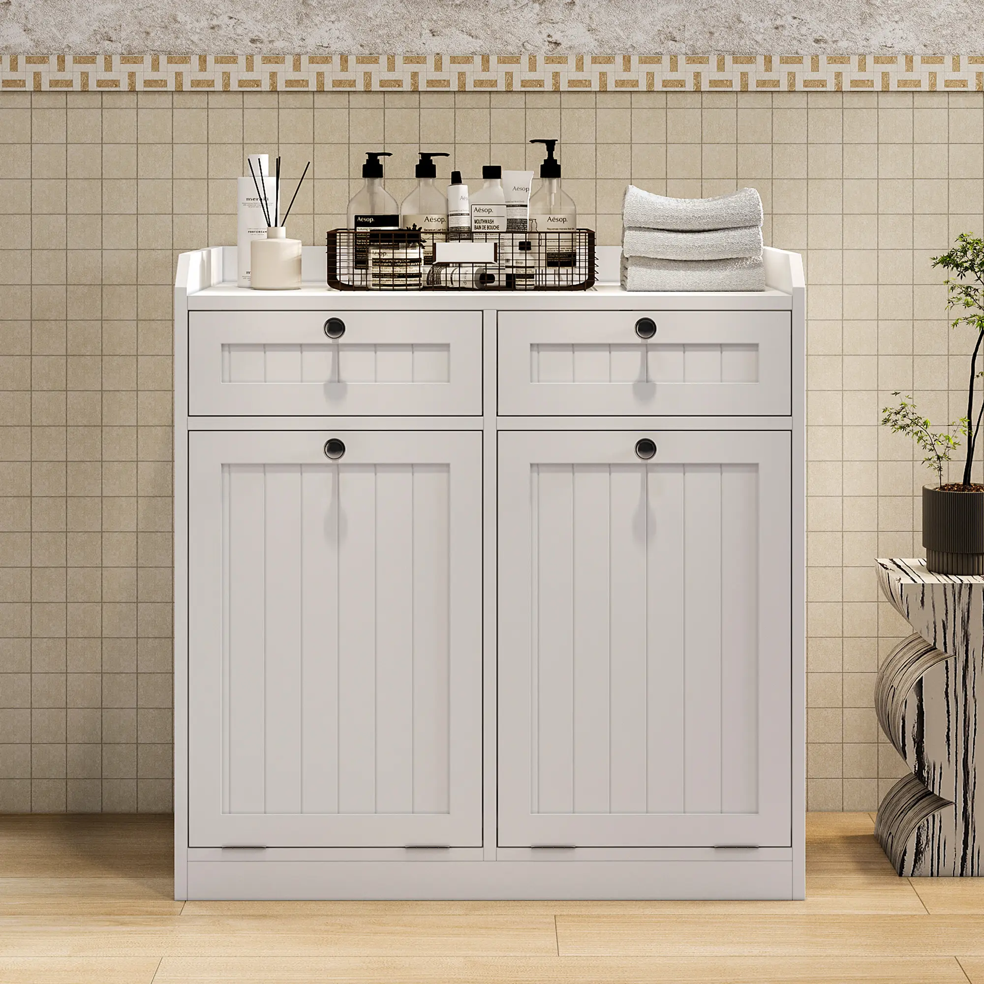 Trash Can Cabinet, Double Tilt Out Trash Can Cabinet, Hidden Garbage Can Cabinet with Drawers, Wooden Kitchen Trash Bin Cabinet, Laundry Hamper for Bathroom,White /Grey