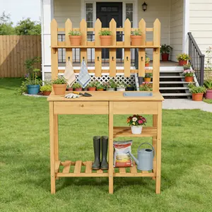 Wooden Potting Bench with Sink and Hooks,Outdoor Potting Table with Drawer and Open Storage Shelf,Yellow