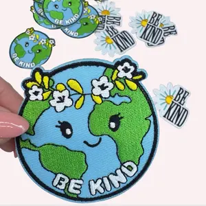 Be Kind Embroidered Iron-On Patch - Floral Globe Design (8cm)