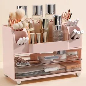 Makeup Organizer Countertop with Large Drawers, Vanity Organizer with Brush Holder, Skin Care Storage for Dresser, Perfume Organizer for Lotion, Lipsitck, Palette