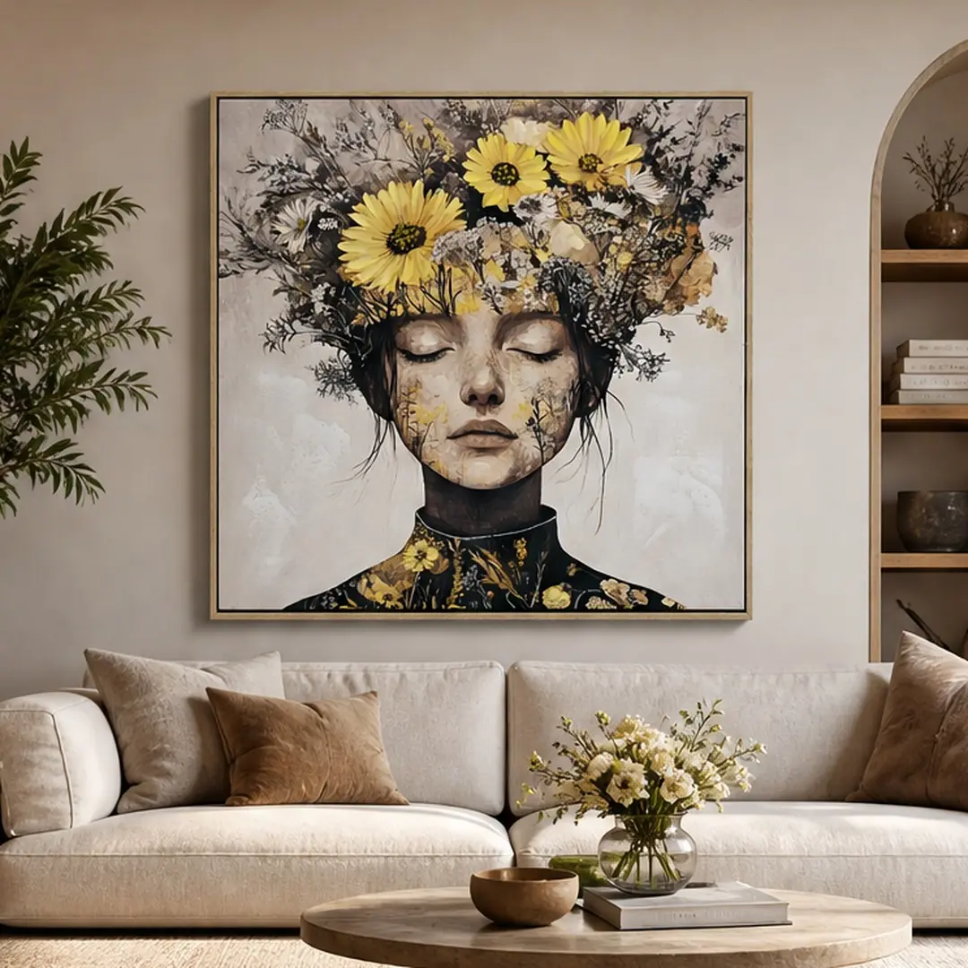 ARCH Beauty Gold-White Artistic Floral Hangable Wall Art - Textured Framed Canvas Print with Textural Finish, Fade-Resistant, Decorative Modern Bright Indoor Home Decor, 18in-24in Sizes (24x24in Available), Mother's Day Impressionism Gift
