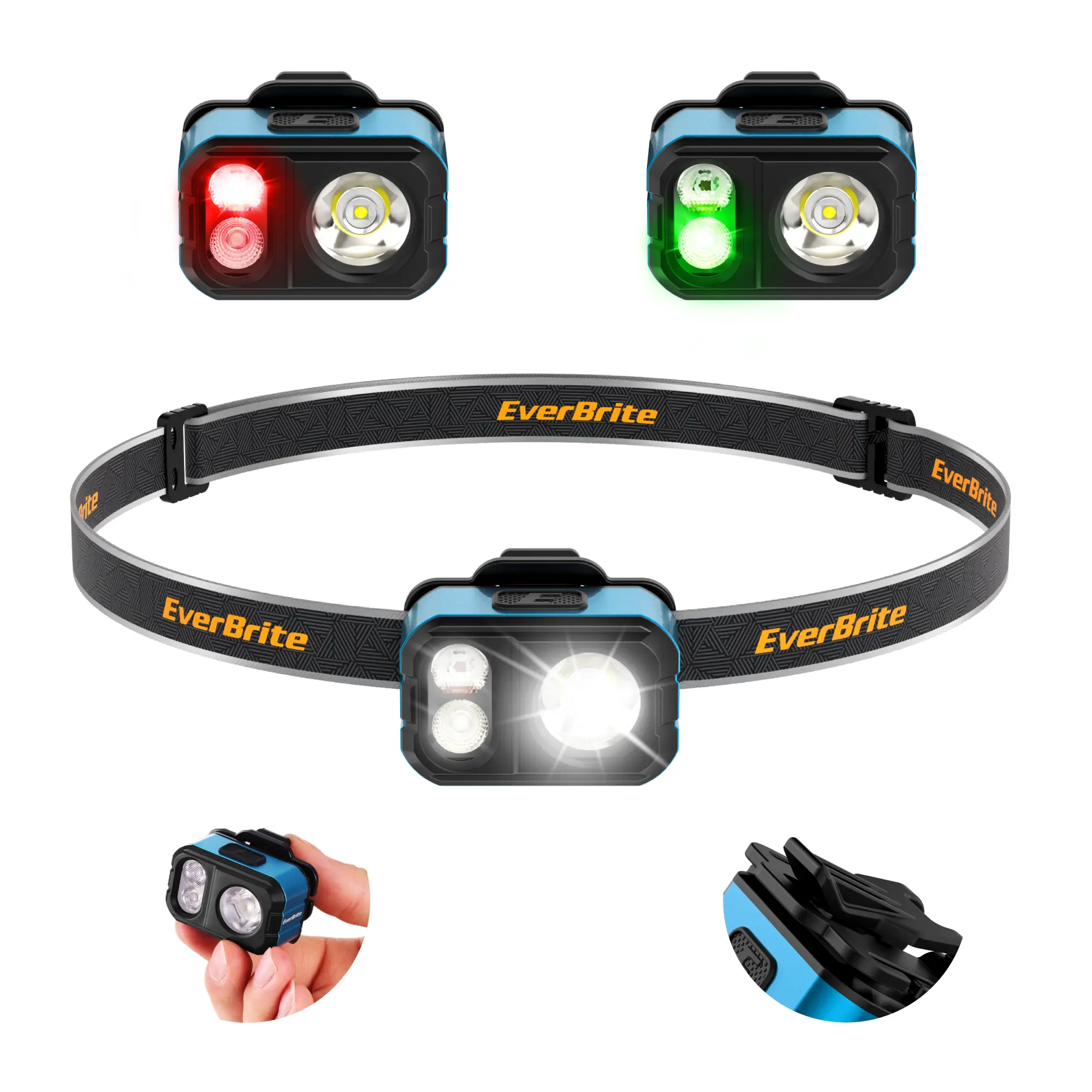 #summersale EverBrite 400LM Rechargeable Headlamp, 1.59 oz Lightweight & Comfortable Head Lamp with Hat Clip, IP67 Waterproof, White/Red/Green Light, 7 Modes for Running, Camping and Backpacking-Blue