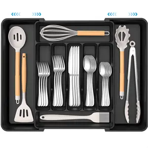 Extra Large Expandable Silverware Organizer BPA-Free Food-Safe Cutlery Drawer Organizer Adjustable Flatware Holder for Spoons, Forks & Knives Space-Saving Kitchen Utensil Storage Solution in Black