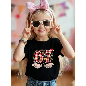 Young Girl's Cute Christmas 67 Kids Graphic Cotton T-Shirt, Festive Gingham Number Tee with Holiday Icons and Holding Hands Design, Black With Christmas Theme, Perfect Gifts To Christmas, Exquisite Shirts For Holiday Young Girls Christmas Clothes Game Lov