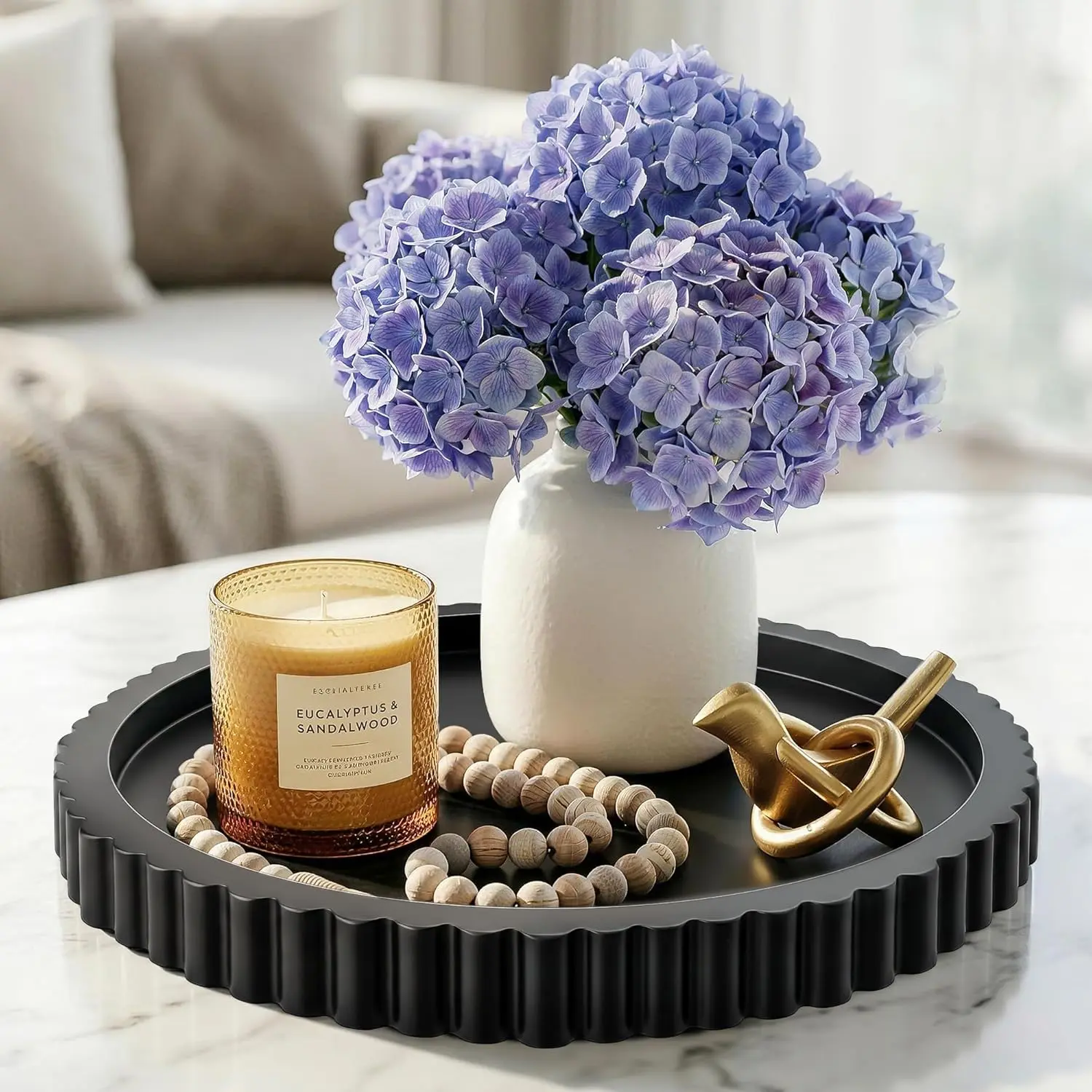 Lightweight Black Fluted Circle Round Wooden Decorative Tray (11.4x11.4x1.2in) - Modern Minimalist, Wipe-Clean, Versatile for Coffee Table, Kitchen Counter - Ideal Christmas Housewarming Gift, Round Tray, Dining Table