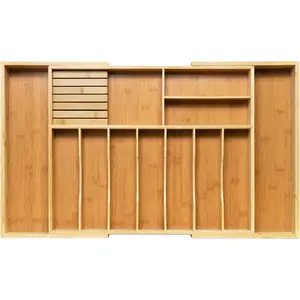 Extra Large Kitchen Utensil Holder, Bamboo Silverware Drawer Organizer, Expandable Cutlery Organizer with Knife Block, Multifunctional Drawer Divider (10-12 compartments)