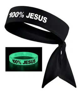 100% Jesus Sports Head Tie Headband & Silicone Wristband Soccer Fútbol Football White Black Athletics Fitness Stretch Sweatband Bandana Men's Women's Teens Youth Sweat Band Head Tie Back