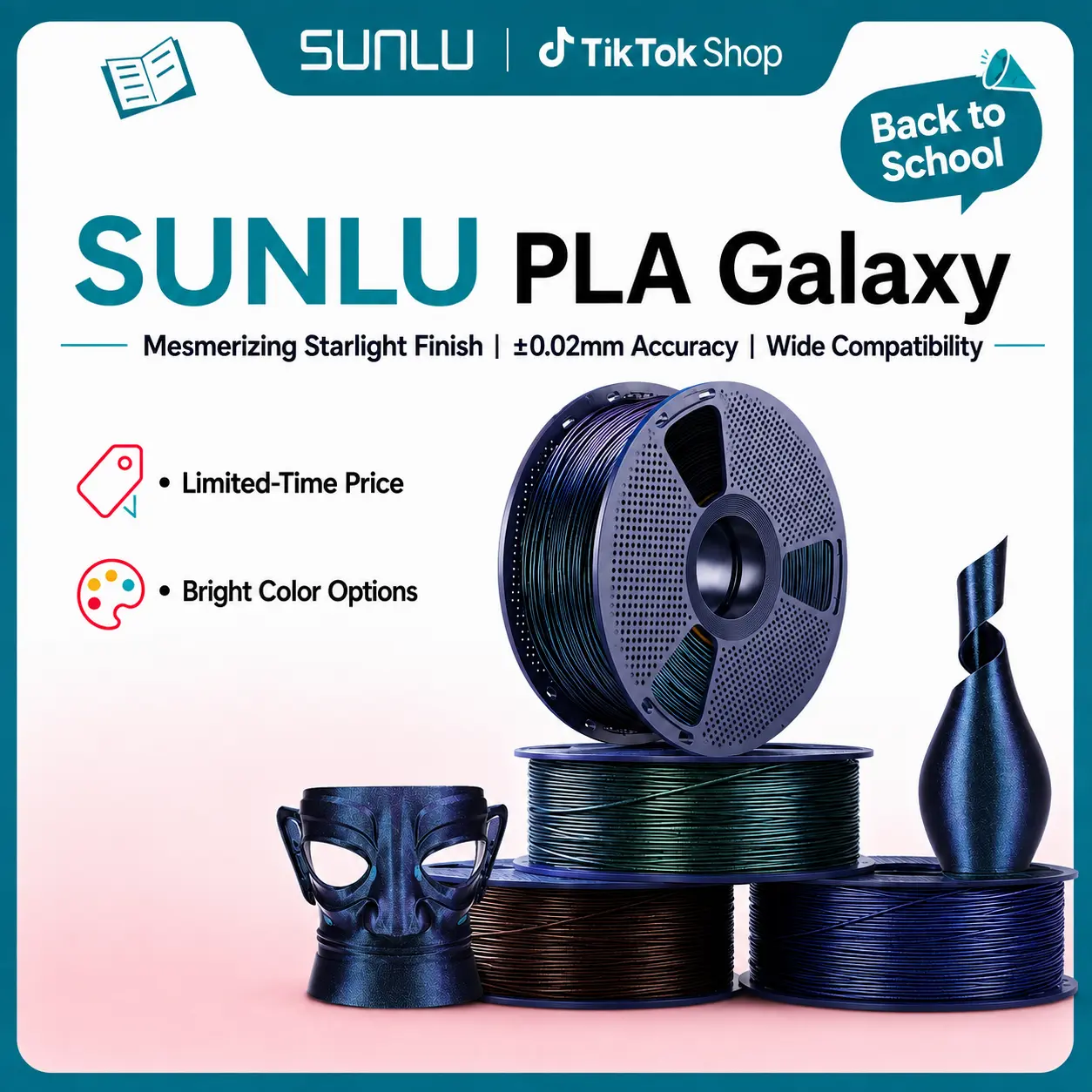 SUNLU Cosmic Galaxy Series PLA 3D Printing Filament, 1KG 3D Printing Supplies with Sparkling Ultrafine Pearlescent Starlit Glow, Smooth High Detail Clog-Free Print for Fashion Pieces, Cosplay Props-7169 tiktokshopbacktoschool