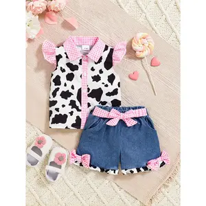 Faux Denim Western Attire for Little Girls, Featuring a Ruffled Cow Print Shirt, Button-Up Tops, And Belted Faux Denim Shorts, for Outdoor
