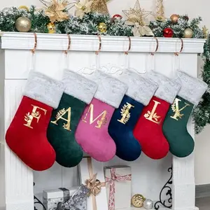 2024 New 1 Pack Initial Monogram Christmas Stockings Personalized Human Durable Christmas Mistletoe Ornament Bag for Family Decorations Green Letter F