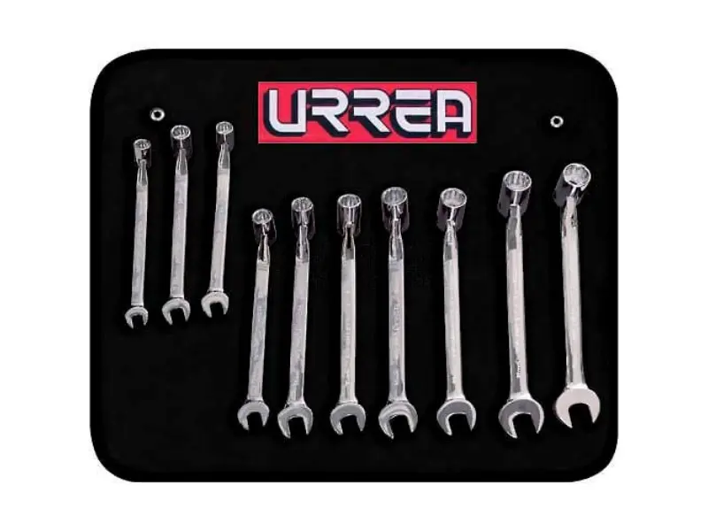 Urrea Professional Tools B994574 10-Piece Flex Combination Metric Wrench Set - 10 Mm - 19 Mm, Silver, 180-deg Rotation, Lobular 12-Point Socket Box-End, Full Polished Finish, Reinforced Design, for Hard-to-Reach Areas