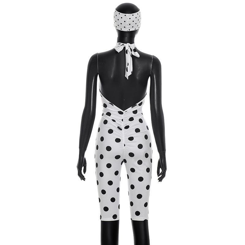 2026 New Polka-Dot Print Halter-Neck Backless Jumpsuit with 3/4-Length Athletic Pants Gifts, Women's Fashion Sexy Backless Jumpsuits, Womens Sleeveless Halter Top Bodycon Capri Pants Going Out One Piece Outfit 2026 New Polka-Dot Print Halter-Neck Backless Jumpsuit with 3/4-Length Athletic Pants Gifts, Women's Fashion Sexy Backless Jumpsuits, Womens Sleeveless Halter Top Bodycon Capri Pants Going Out One Piece Outfit