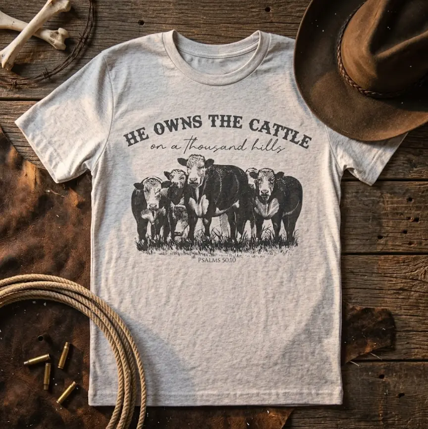 He Owns The Cattle On A Thousand Hills Shirt Psalms 50, Christian T-Shirt for Adults Youth, Faith Farm Tee, Religious Gift, Western Cowgirl Rodeo Unisex Shirt, Western Outfit Ideas For Women, Vintage Graphic Tees, summer clothing