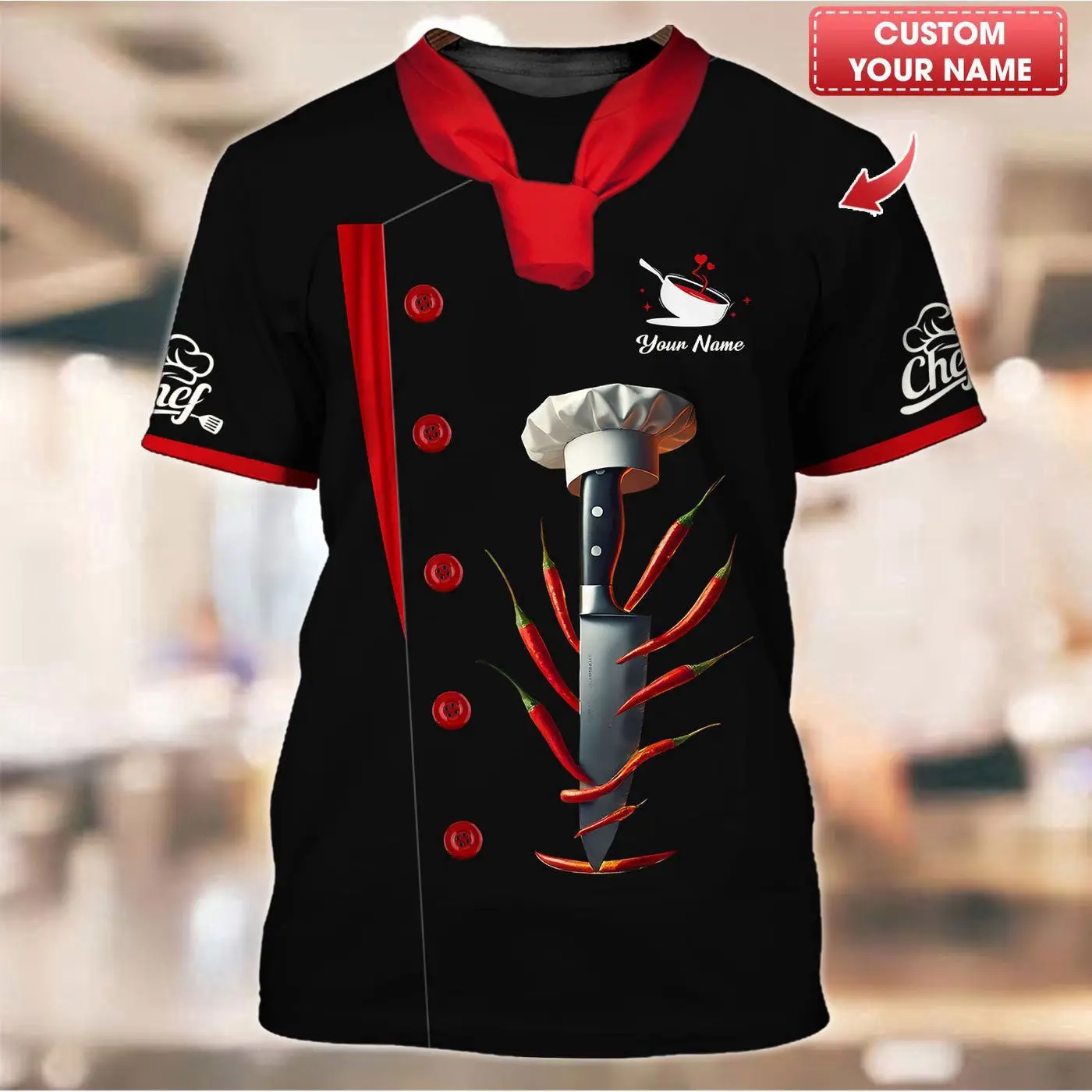 Chef T-shirt de chef avec couteaux imprimés en 3D, cadeau personnalisé pour les amateurs de chef