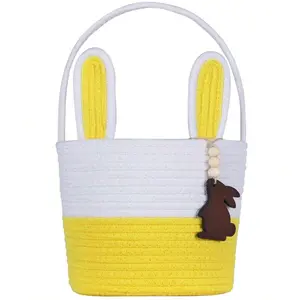 Easter Basket Essentials for Kids Boys Girls with Bunny Tag Egg Gifts Basket Toddler Teens Babys First Easter Yellow Brown White Color with Handle