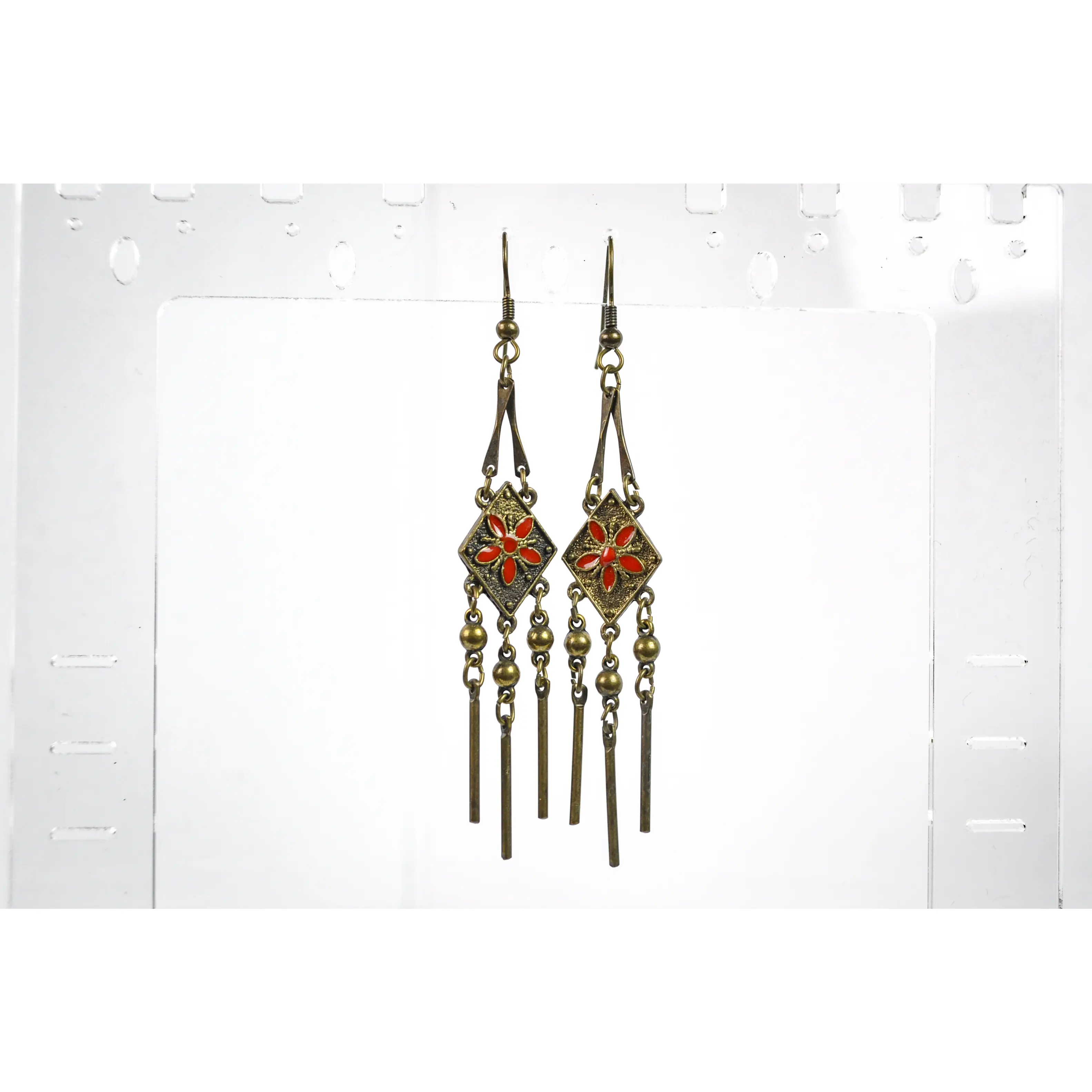 Vintage Bronze Earrings with Red Floral Inlay - Bohemian Bronze Tassel Earrings with Red Enamel